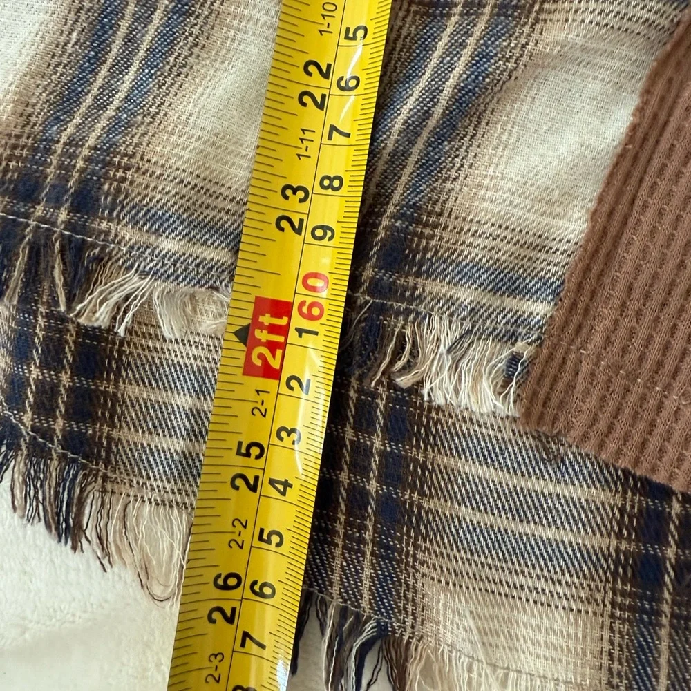 Hem & Thread Brown Cream Plaid Button Shirt Fringed Hem Size Large E68 - Picture 5 of 5